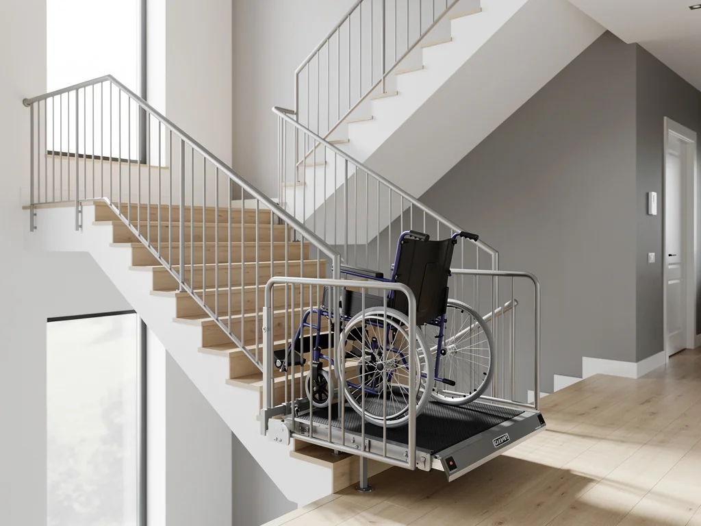 Plateforme monte-escalier transportant un fauteuil roulant le long des marches