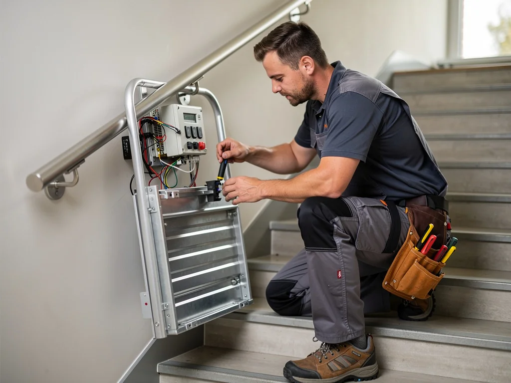 Technicien réglant une plateforme pour fauteuil lors de la mise en service